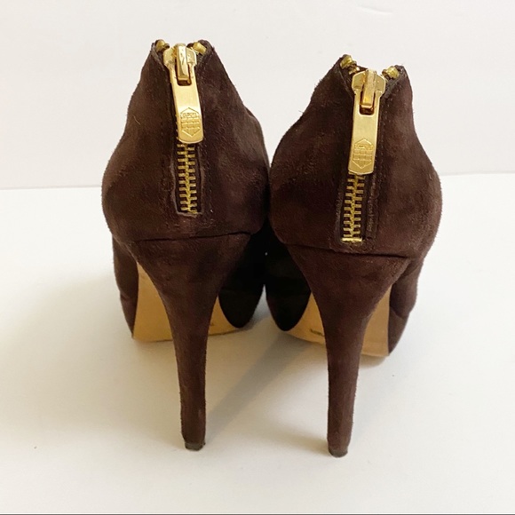 Vince Camuto Mac Brown Suede Peep Toe Bootie Heels - Picture 8 of 13